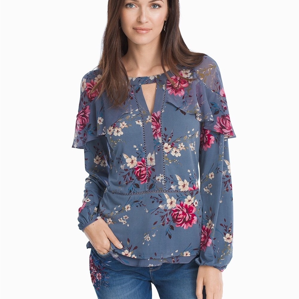 White House Black Market Blue Floral Ruffle Long-Sleeve Blouse